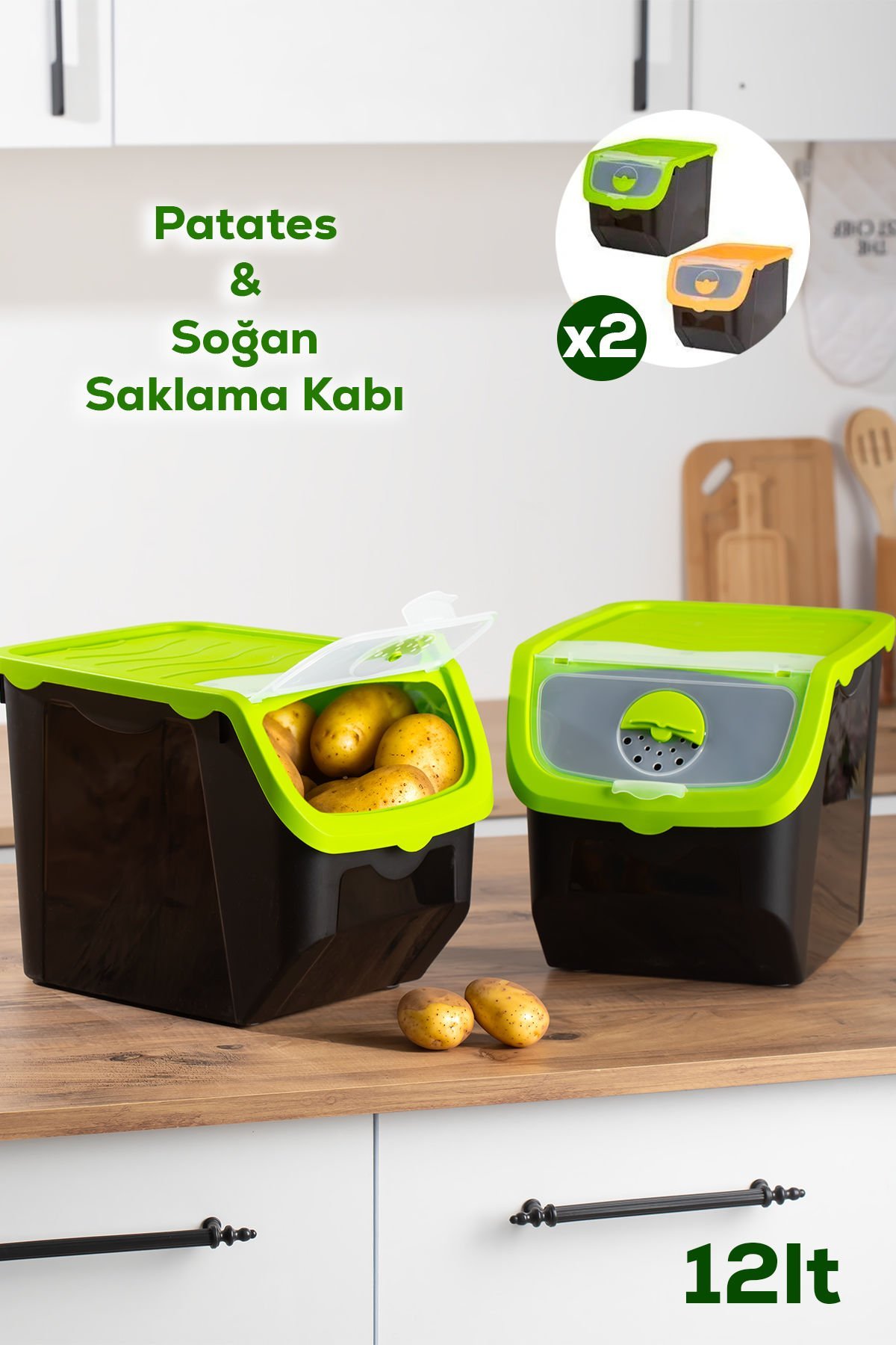 Porsima 1506 Yeşil 2'li Çok Amaçlı Plastik Patates Soğan Sarımsak Saklama Kutusu 12 L Renkli Kapak