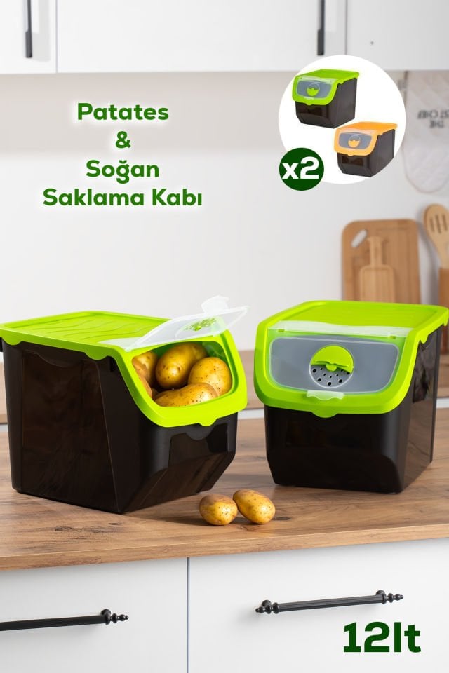Porsima 1506 Yeşil 2'li Çok Amaçlı Plastik Patates Soğan Sarımsak Saklama Kutusu 12 L Renkli Kapak