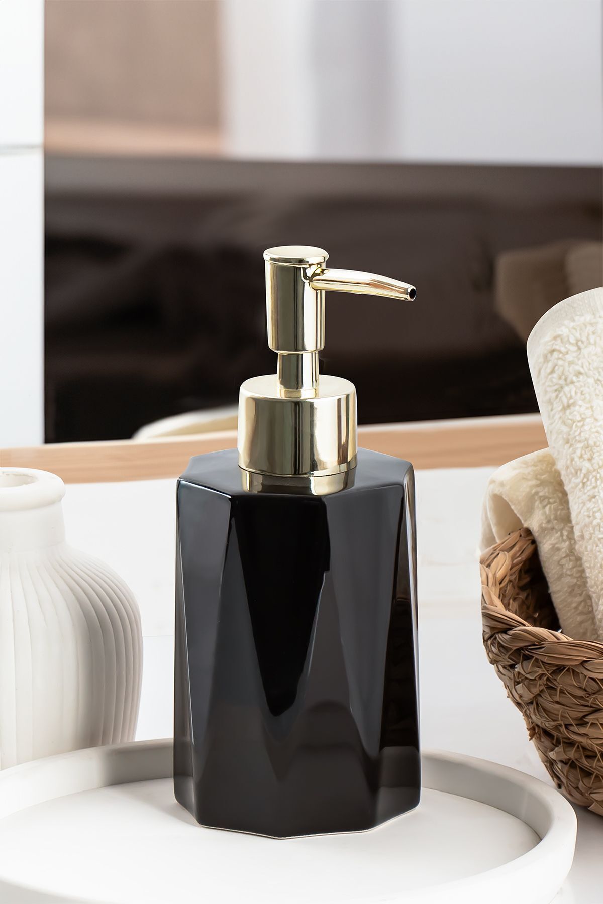 Porsima 3205 Seramik Sıvı Sabunluk - Tezgah Üstü Banyo Mutfak Lavabo Sabunluğu - 250 cc-Siyah