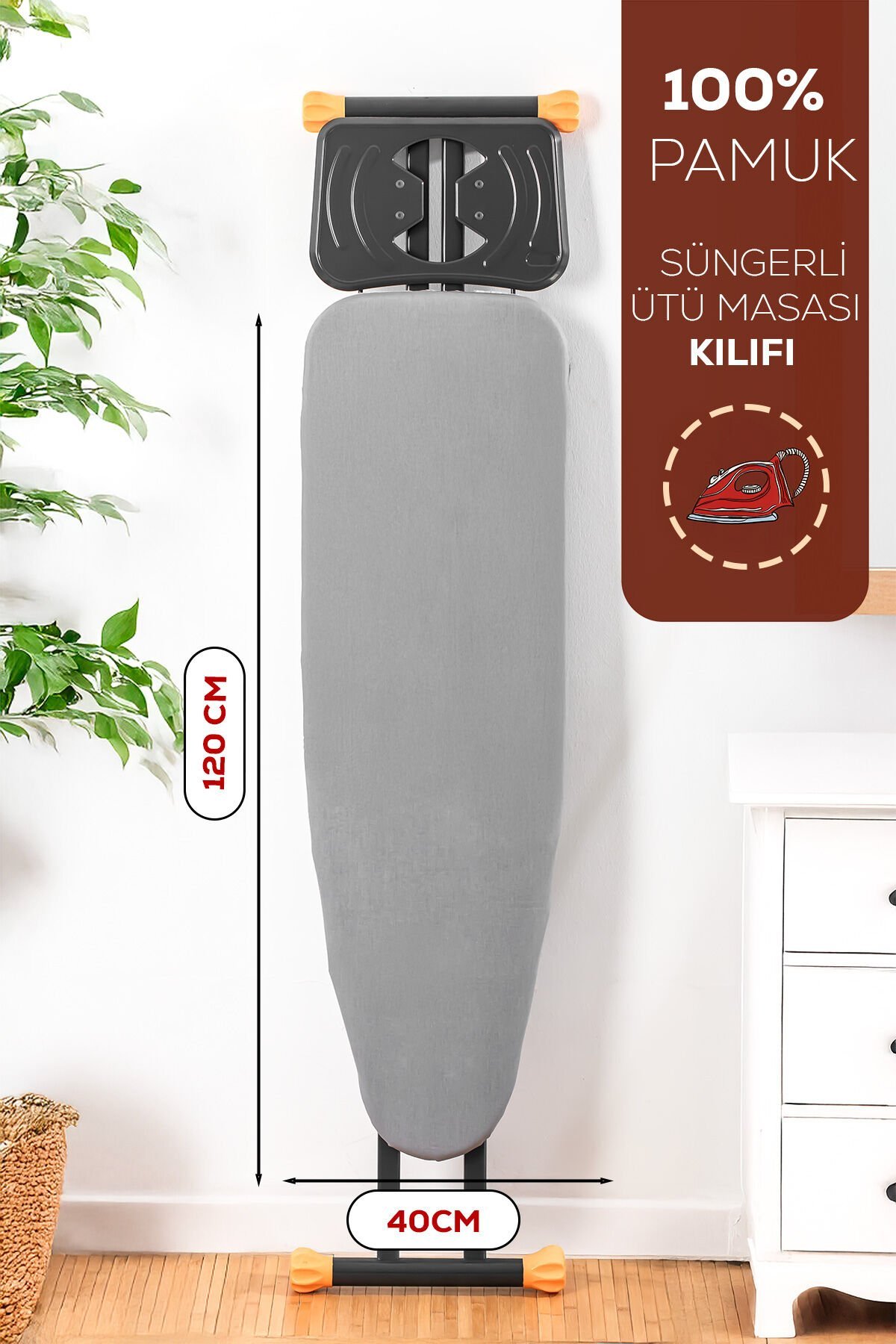 Porsima Isıya Dayanıklı 100% Pamuk Süngerli Ütü Masası Kılıfı - Buharlı Ütüleme Uyumlu 120x40cm