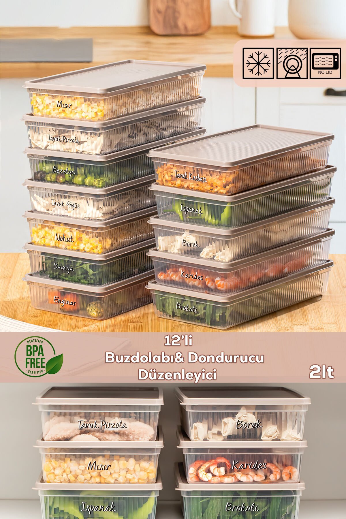 Porsima 5311 12li Buzdolabı ve Difriz Düzenleyici Saklama Kabı Seti - BPA İçermez, Mikrodalga Uyumlu, Kapaklı, Gıda Saklama Kabı, Kapicino, 2 Lt