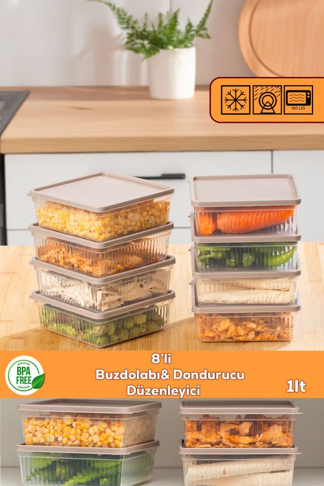 Porsima 5307 8li Buzdolabı ve Difriz Düzenleyici Saklama Kabı Seti - BPA İçermez, Mikrodalga Uyumlu, Kapaklı, Gıda Saklama Kabı, Kapicino, 1 Lt