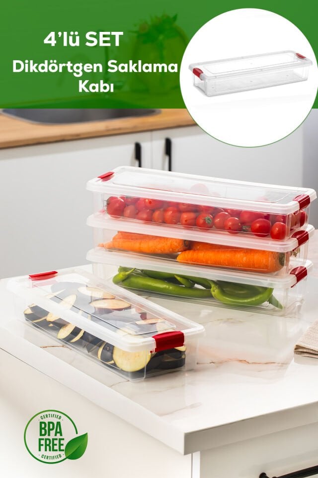 Porsima 455-4 4lü Kilitli Kapaklı Yiyecek Erzak Saklama Kabı Seti - Buzdolabı Düzenleyici Organizeri 2,3lt