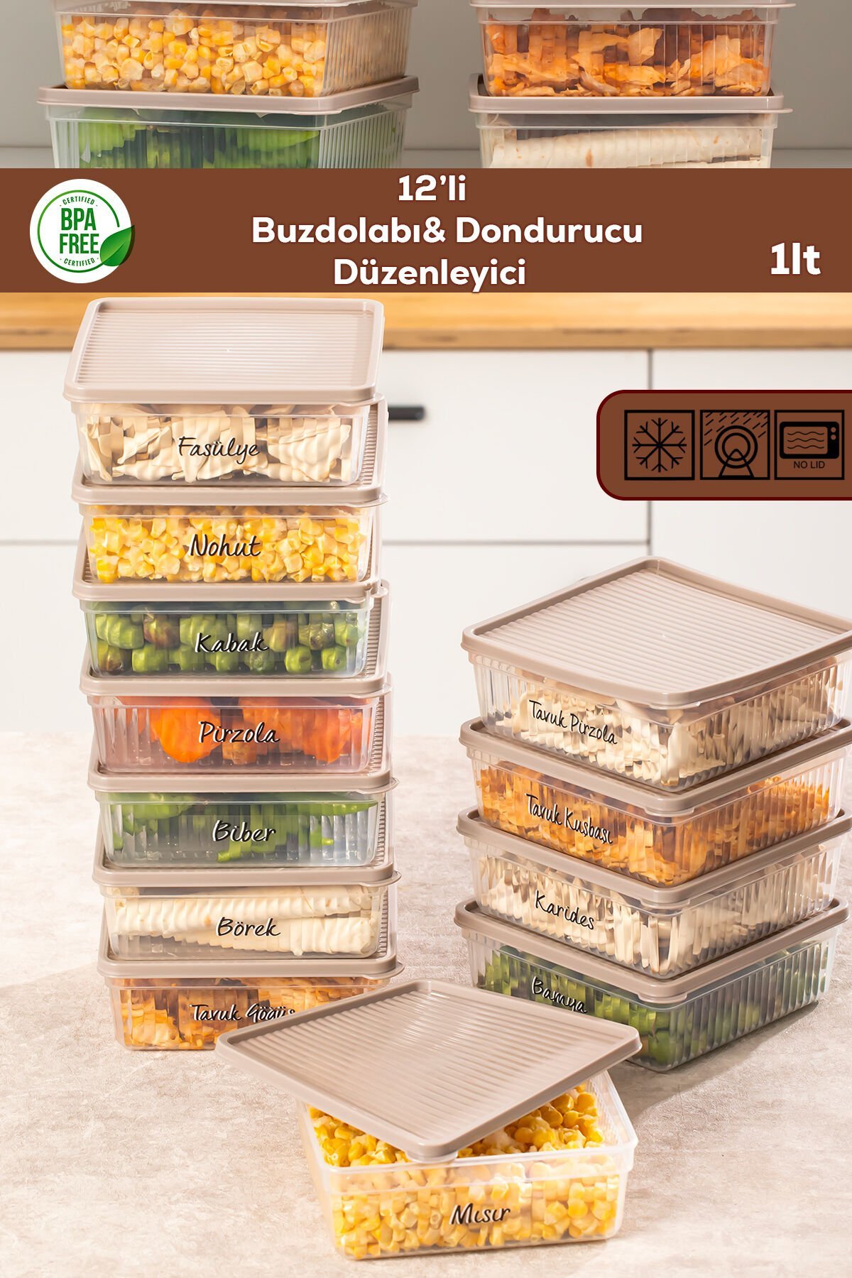 Porsima 5308 12li Buzdolabı ve Difriz Düzenleyici Saklama Kabı Seti - BPA İçermez, Mikrodalga Uyumlu, Kapaklı, Gıda Saklama Kabı, Kapicino, 1 Lt