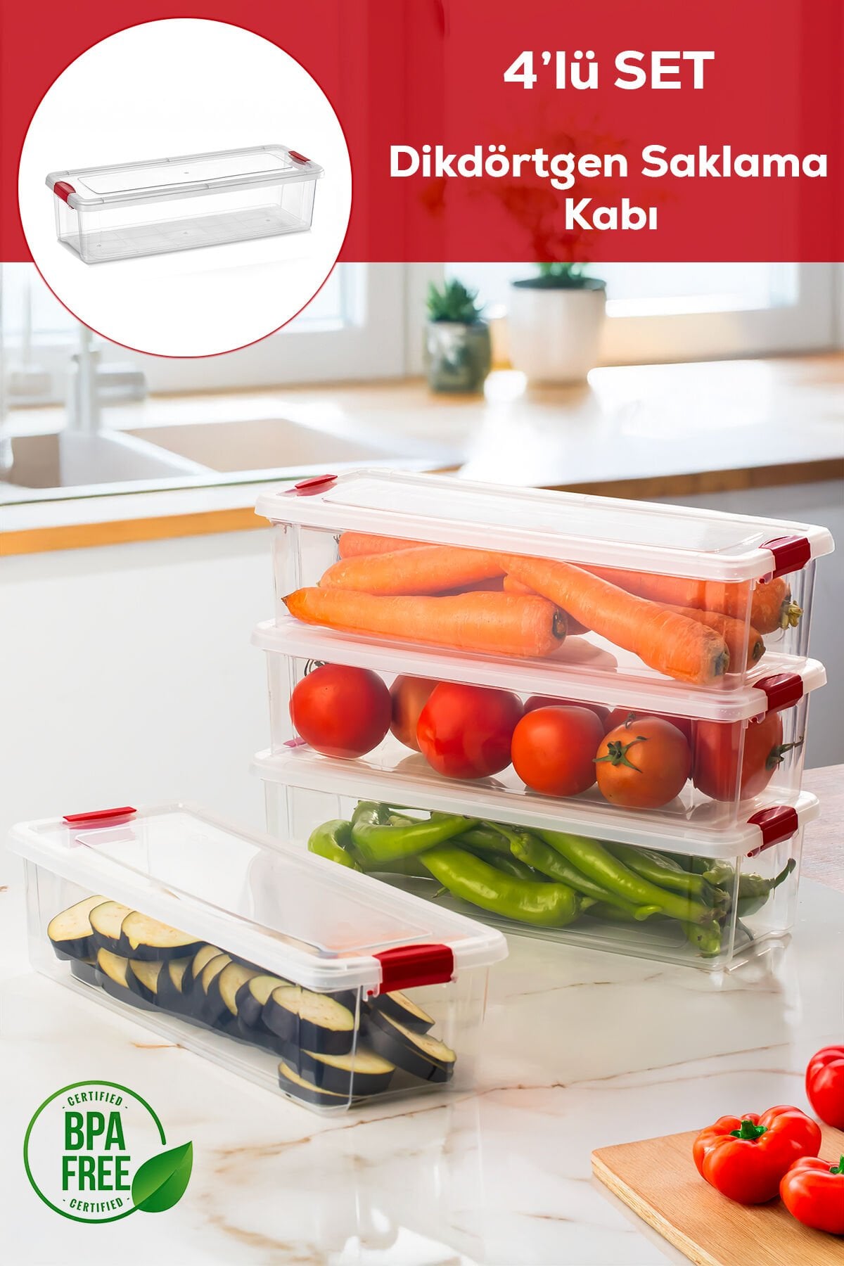 Porsima 456-4 4lü Kilitli Kapaklı Yiyecek Erzak Saklama Kabı Seti - Buzdolabı Düzenleyici Organizeri 3,4lt