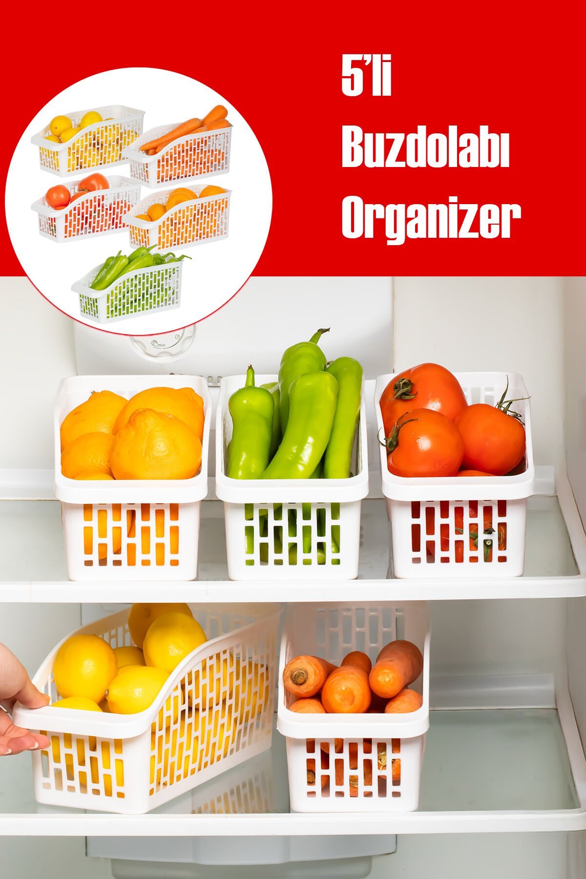 Porsima Org-20-5 5li Çok Amaçlı Plastik Dolap Içi Düzenleyici Saklama Kutusu Organizer Sepet - Beyaz