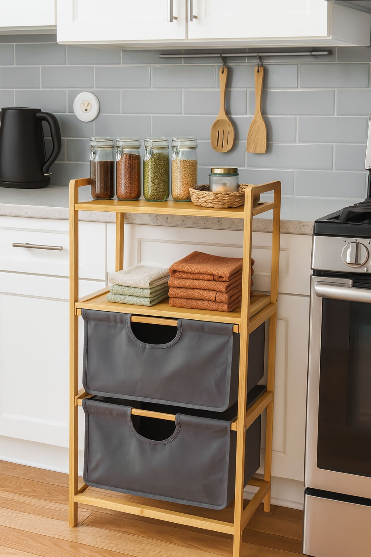 Porsima Pbt-714 Ahşap Bambu Banyo Mutfak Organizeri 3 Raflı Çok Amaçlı Banyo Mutfak Düzenleyici Organizer Banyo Mutfak Dolabı Sebzelik Organizeri