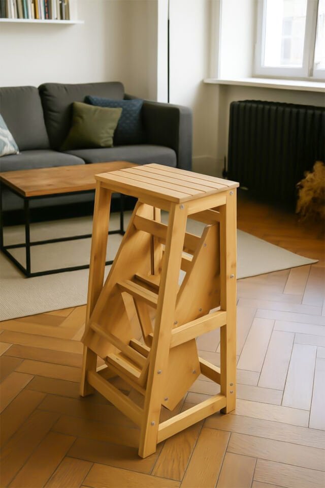 Porsima PBT-379 Ahşap Bambu 3 Basamak Merdiven - Portatif Demonte ve Ergonomik Ev Tipi Dekoratif Tabure Merdiven