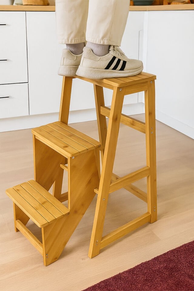 Porsima PBT-379 Ahşap Bambu 3 Basamak Merdiven - Portatif Demonte ve Ergonomik Ev Tipi Dekoratif Tabure Merdiven