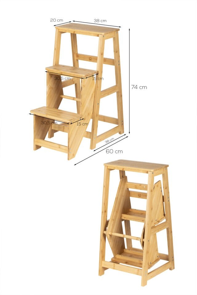 Porsima PBT-379 Ahşap Bambu 3 Basamak Merdiven - Portatif Demonte ve Ergonomik Ev Tipi Dekoratif Tabure Merdiven