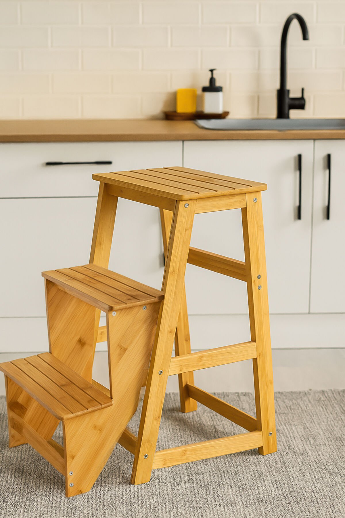 Porsima PBT-379 Ahşap Bambu 3 Basamak Merdiven - Portatif Demonte ve Ergonomik Ev Tipi Dekoratif Tabure Merdiven