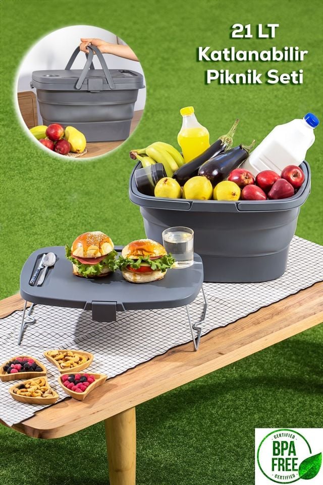 Porsima Katlanır Piknik Sepeti - Silikonlu Katlanabilir Saklama Kutusu - 21 L- SİYAH
