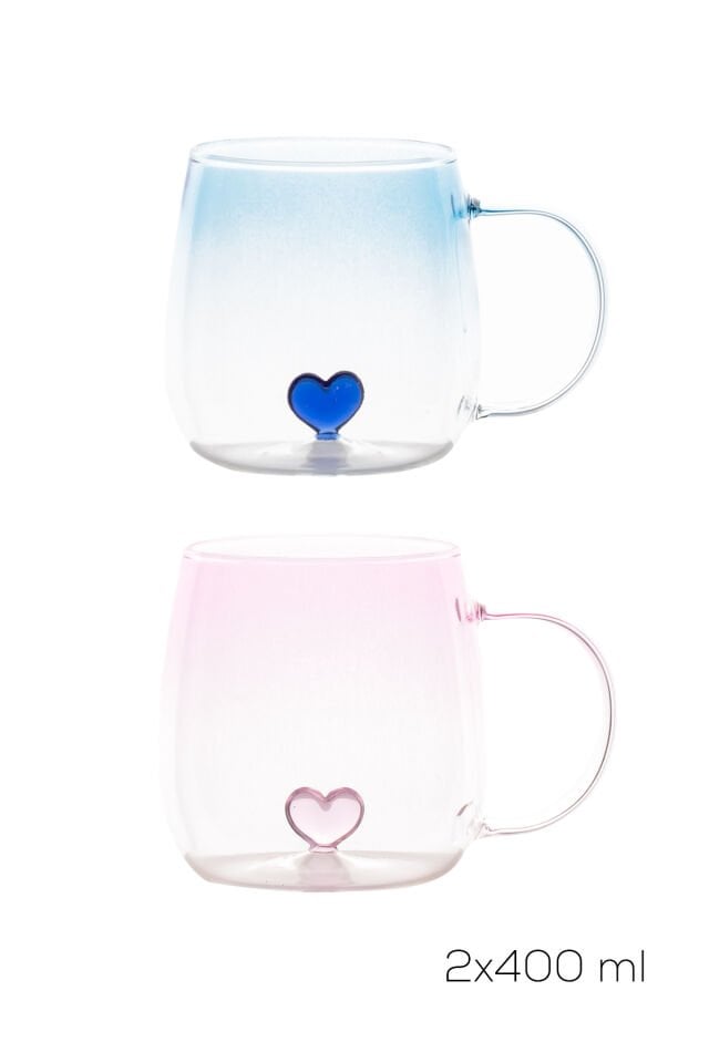 Porsima PBT-707 Dream Love Hearts - 400ml Romantik Kalp Tasarımlı 2'li Renkli Borosilikat Cam Kupa Seti