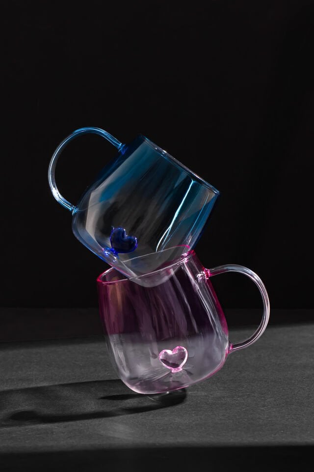 Porsima PBT-707 Dream Love Hearts - 400ml Romantik Kalp Tasarımlı 2'li Renkli Borosilikat Cam Kupa Seti