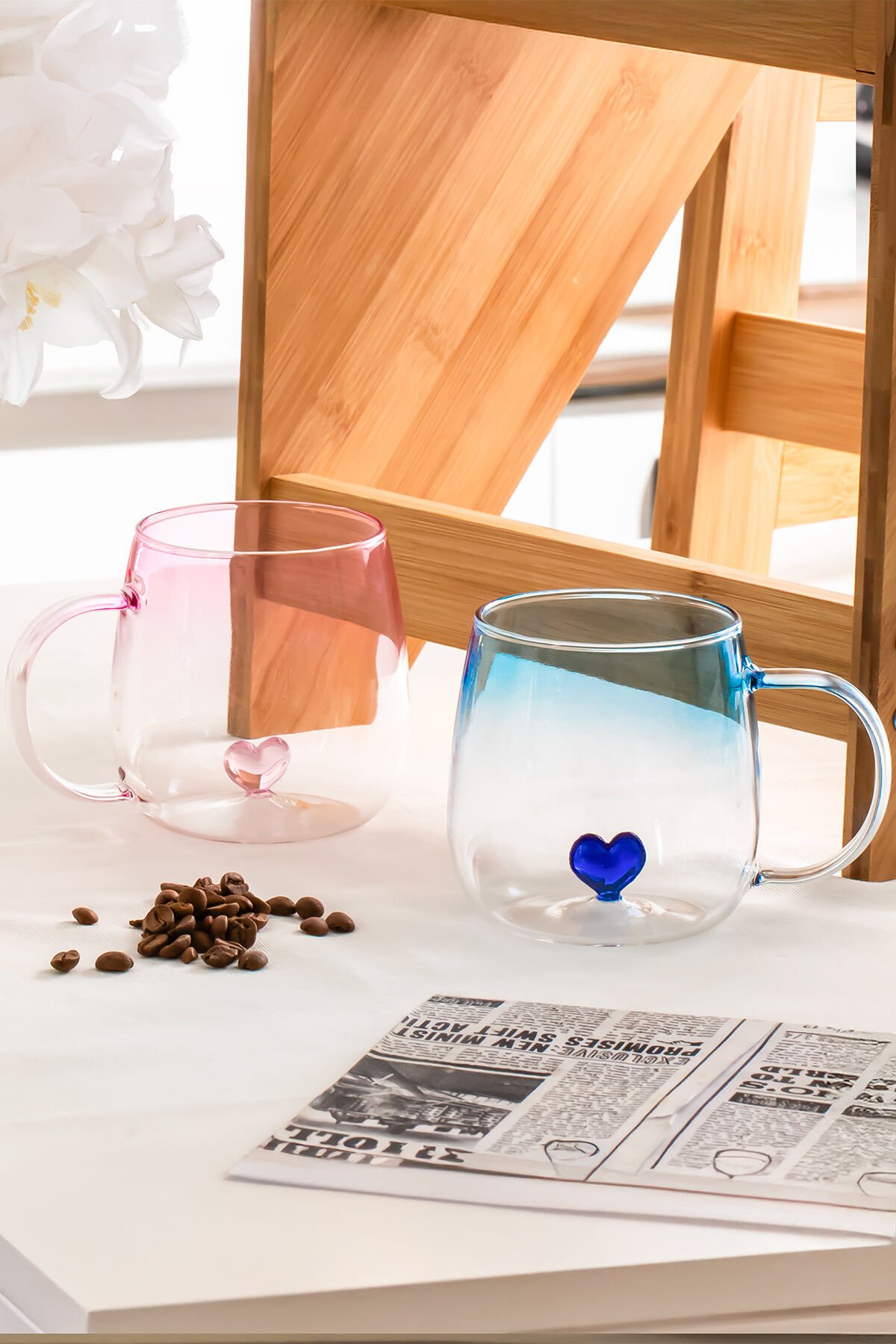 Porsima PBT-707 Dream Love Hearts - 400ml Romantik Kalp Tasarımlı 2'li Renkli Borosilikat Cam Kupa Seti