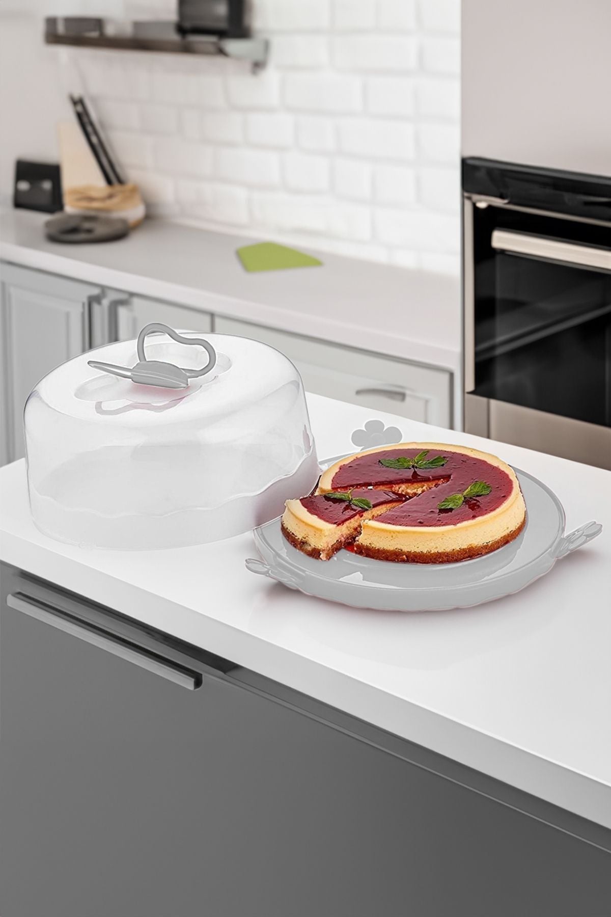 Porsima L-00501 Caramel Kilitli Kapaklı Kek Pasta Saklama Taşıma Kabı Borcam - Kek Fanusu Gri