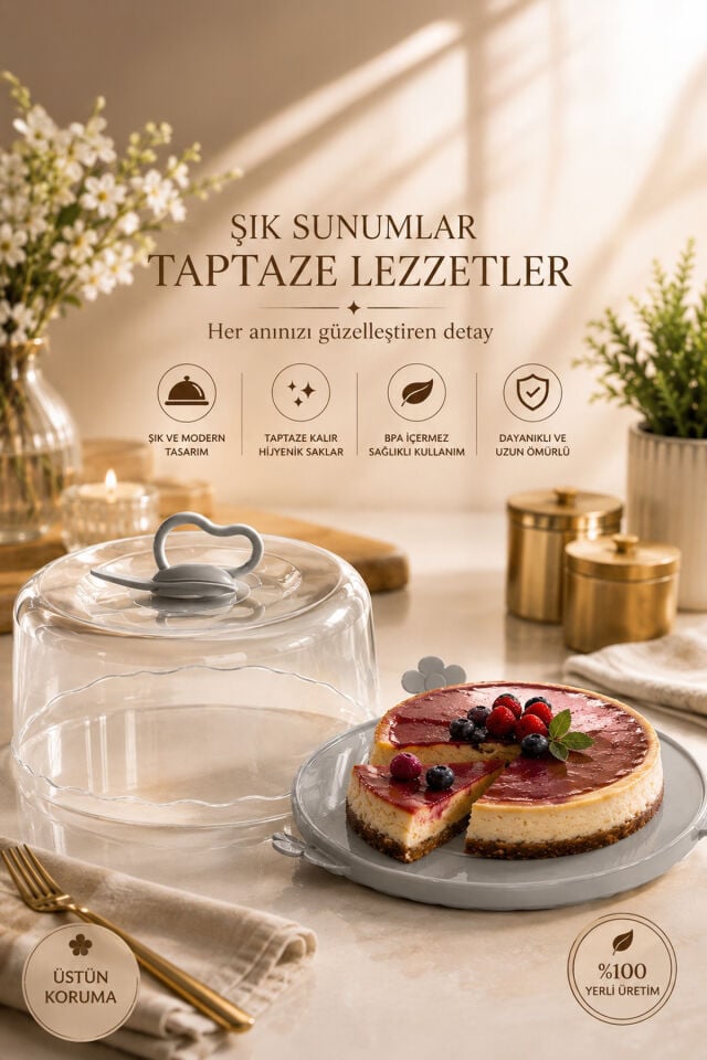 Porsima L-00501 Caramel Kilitli Kapaklı Kek Pasta Saklama Taşıma Kabı Borcam - Kek Fanusu Gri