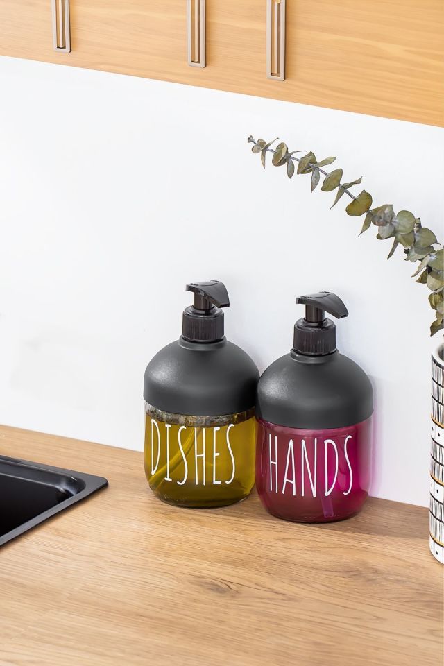 Porsima C-527 2'li Cool Sıvı Sabunluk Seti - Mutfak-Banyo Tezgah Üstü Temizlik Seti - ANTRASİT Cam 425 ml