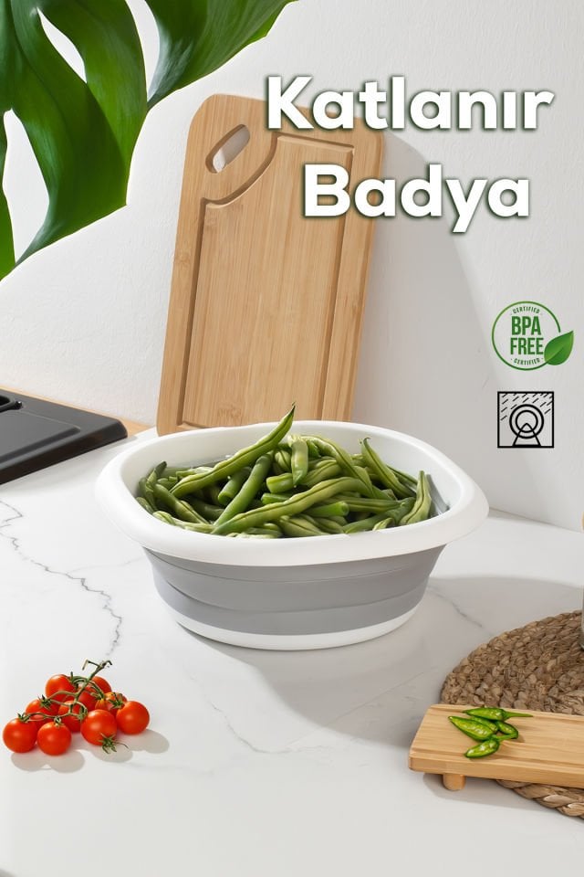 Porsima 698 Çok Amaçlı Katlanır Badya Akordiyon Leğen Meyve Sebze Bulaşık Leğeni - 3 Litre Beyaz Gri