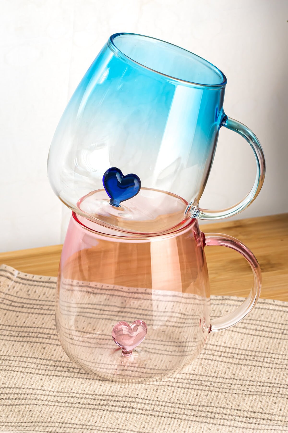 Porsima Pbt-707 Dream Love Hearts - 400ml Romantik Kalp Tasarımlı 2'li Renkli Borosilikat Cam Kupa Seti