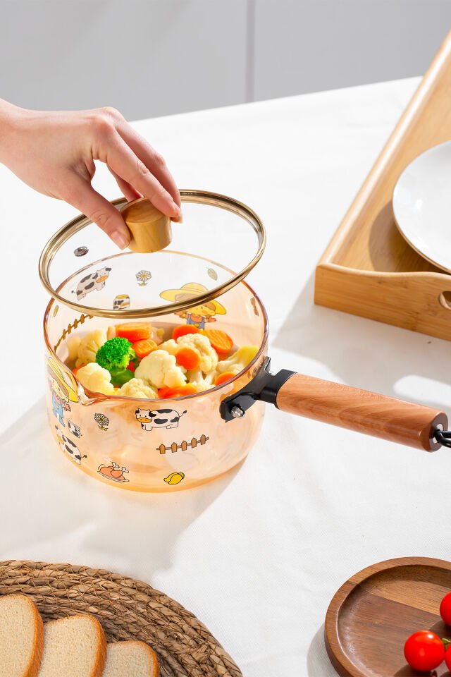 Porsima NSMBG Ahşap Saplı Isıya Dayanıklı Cam Tencere Süt Potu |Borosilikat Cam | Termisil Ocak Üstü Cam Tencere 1600cc