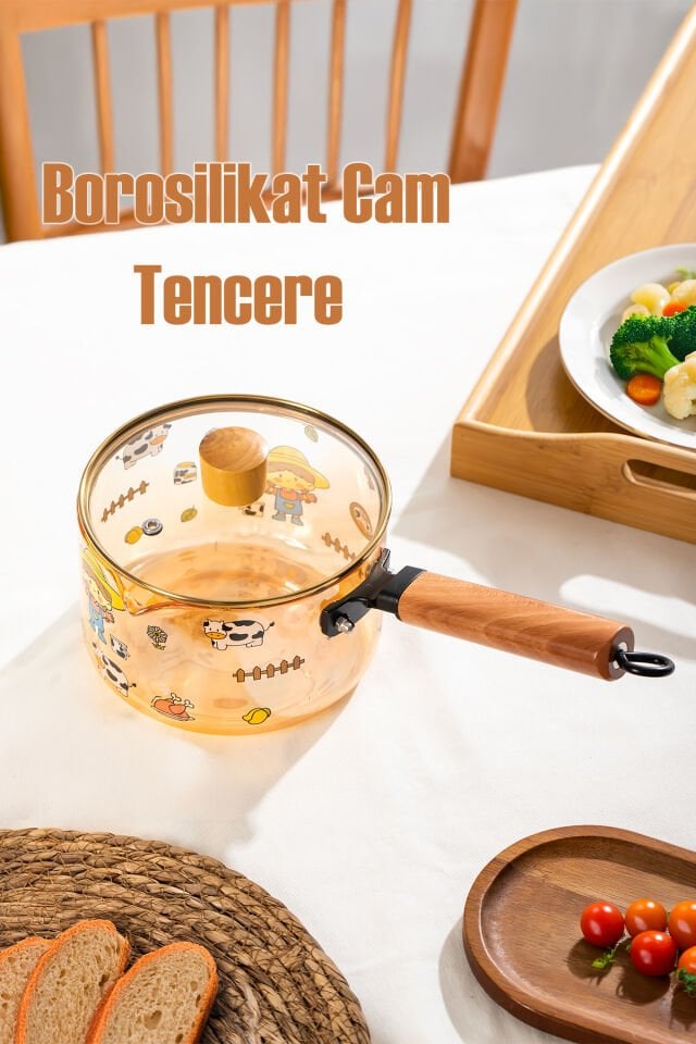 Porsima NSMBG Ahşap Saplı Isıya Dayanıklı Cam Tencere Süt Potu |Borosilikat Cam | Termisil Ocak Üstü Cam Tencere 1600cc