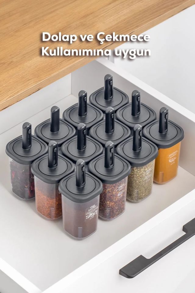 Porsima 1100 12'li Kaydırmalı Kaşıklı Sızdırmaz Kapaklı Etiketli Baharatlık Seti ANTRASİT - Saklama Kabı