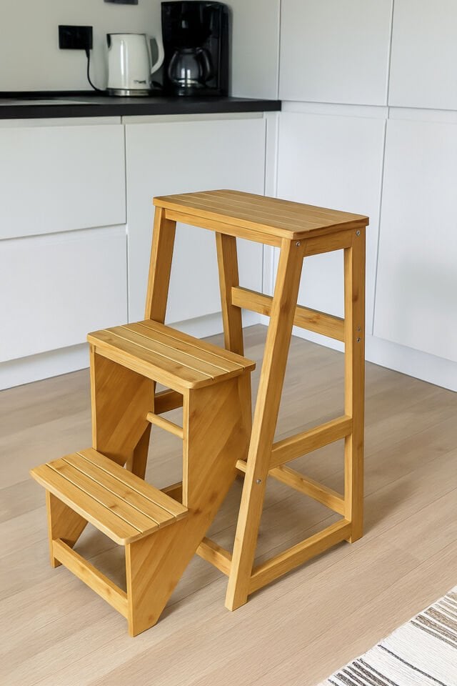 Porsima Pbt-379 Ahşap Bambu 3 Basamak Merdiven - Portatif Demonte Ve Ergonomik Ev Tipi Dekoratif Tabure Merdiven 1 Adet