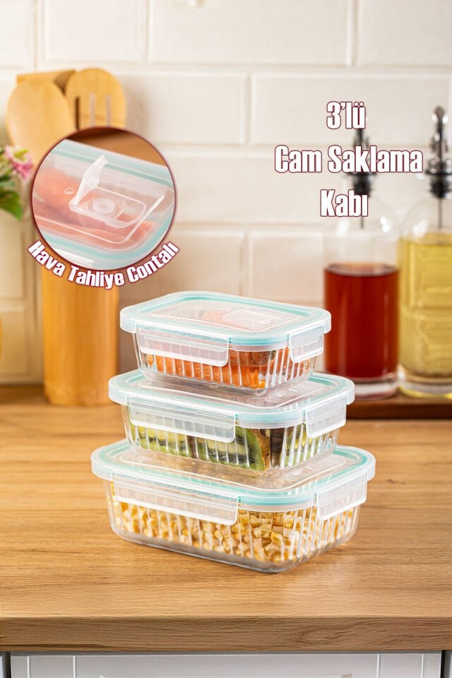 Porsima SD-12-FGY Kilitli Sızdırmaz Kapaklı Hava Tahliye Contalı Çok Amaçlı Cam 3lü Erzak Yiyecek Saklama Kabı Seti - 1030-620-330ml