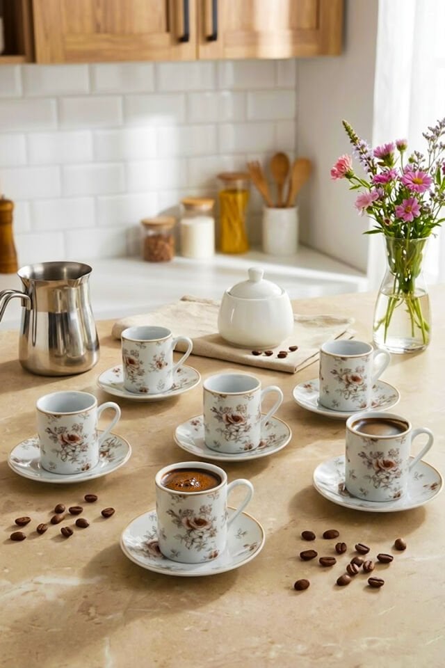 Porsima Sd-210-6 Altın Yaldızlı Porselen 6 Kişilik Fincan Seti 12 Parça Türk Kahvesi Fincanı Takımı-100ml