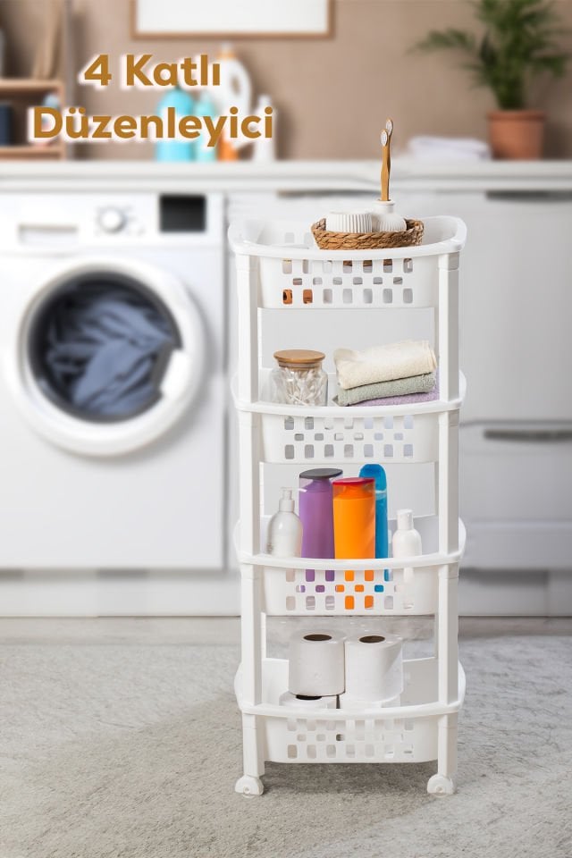 Porsima 79-1 4 Katlı Tekerlekli Organizer Raf  Çok Amaçlı Mutfak Banyo Düzenleyici Raf Ünitesi Beyaz
