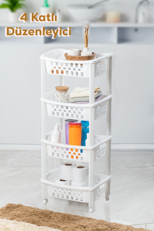 Porsima 79-1 4 Katlı Tekerlekli Organizer Raf  Çok Amaçlı Mutfak Banyo Düzenleyici Raf Ünitesi Beyaz