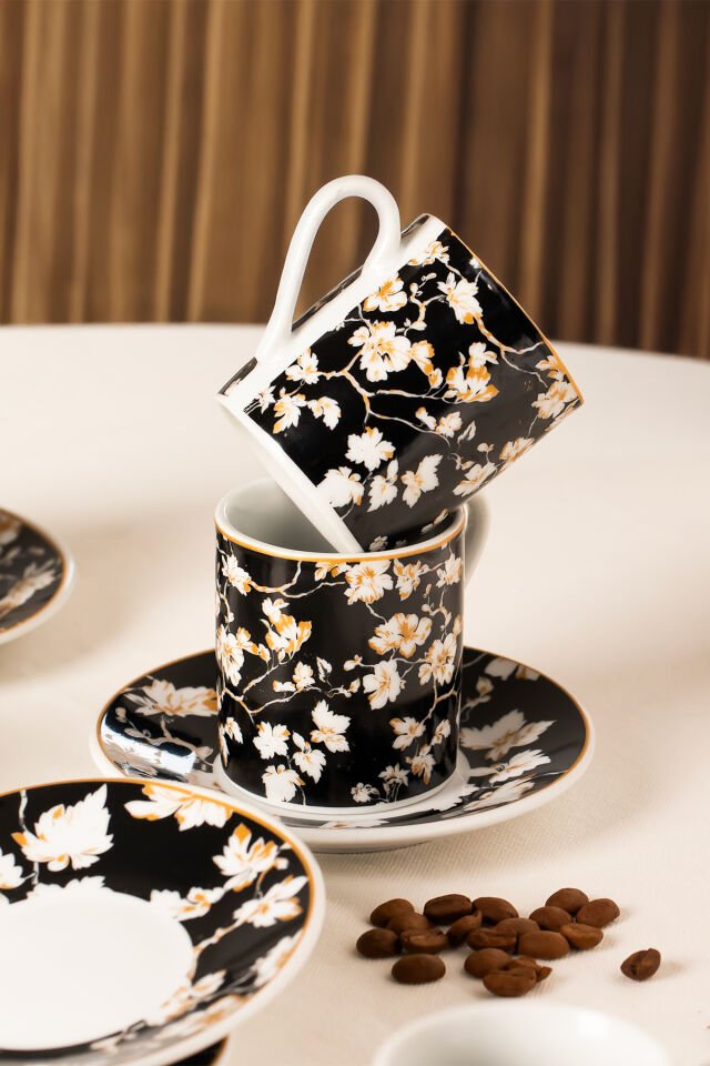 Porsima Sd-210-3 Altın Yaldızlı Porselen 6 Kişilik Fincan Seti 12 Parça Türk Kahvesi Fincanı Takımı-100ml