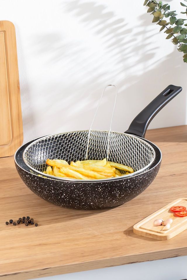 Porsima 2 Parça Yanmaz Yapışmaz Granit Kızartma Fritoz Wok Tava 28 Cm