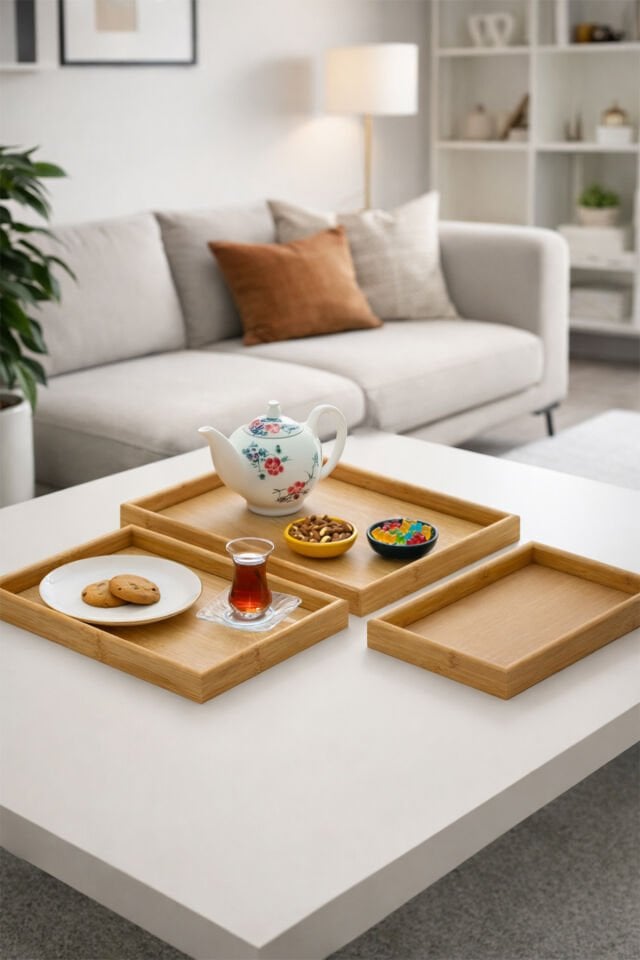 Porsima 130105043 Ahşap Tepsi 3lü Set Çay Kahve Bambu Sunumu Tepsi Seti