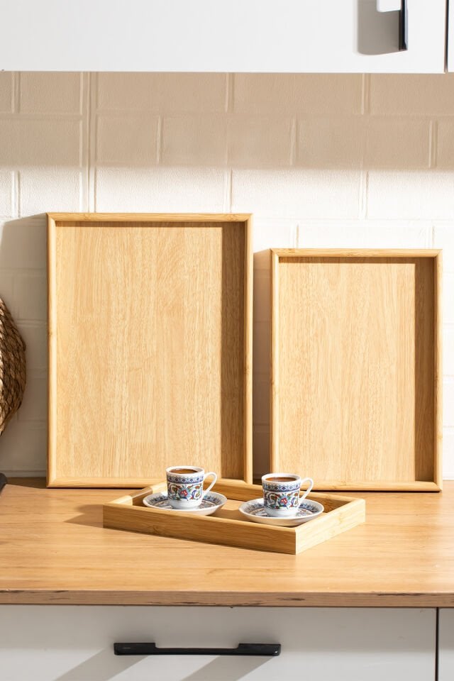 Porsima 130105043 Ahşap Tepsi 3lü Set Çay Kahve Bambu Sunumu Tepsi Seti