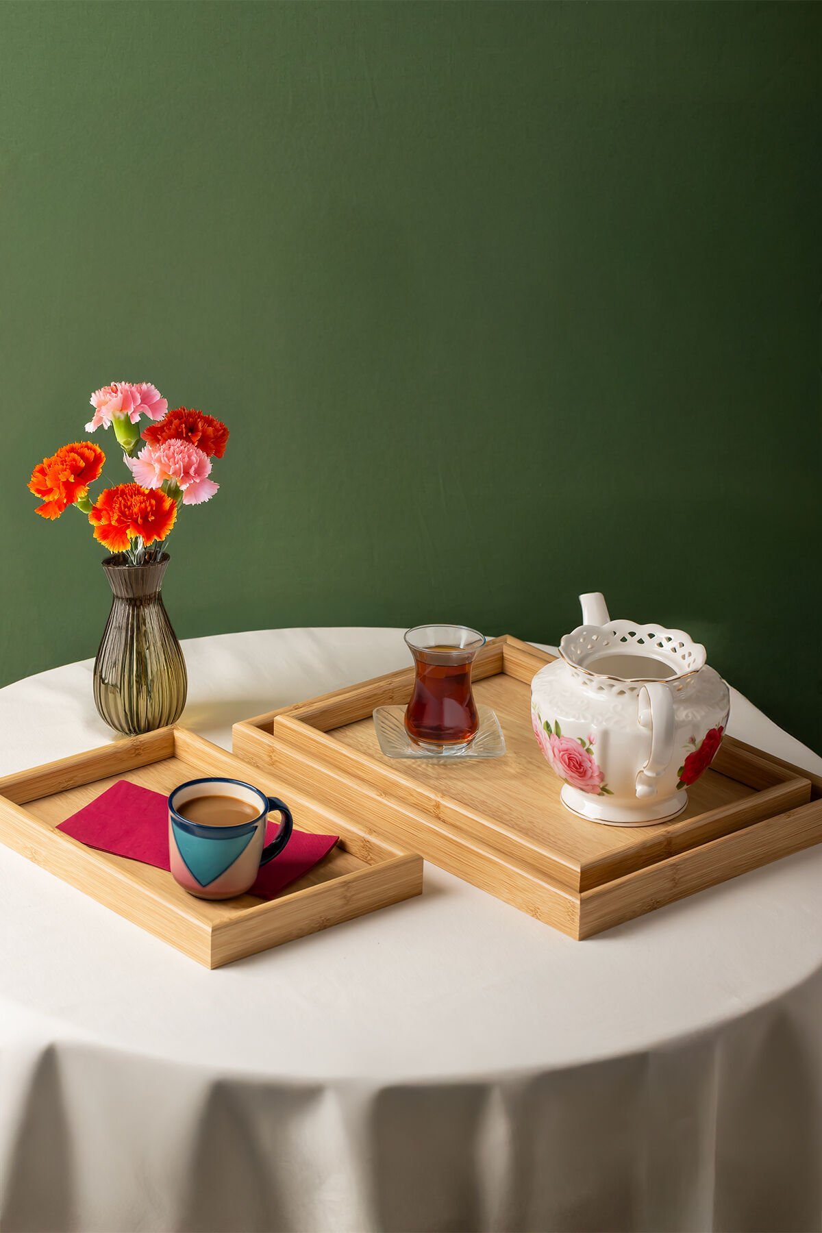 Porsima 130105043 Ahşap Tepsi 3lü Set Çay Kahve Bambu Sunumu Tepsi Seti