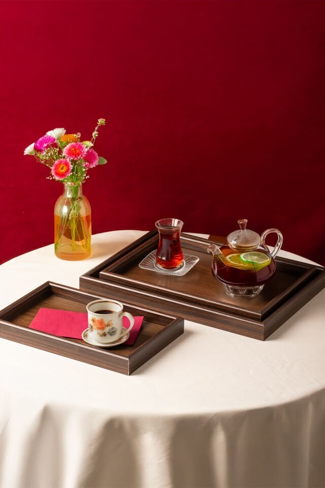 Porsima 130105044 Ahşap Tepsi 3lü Set Çay Kahve Bambu Sunumu Tepsi Seti