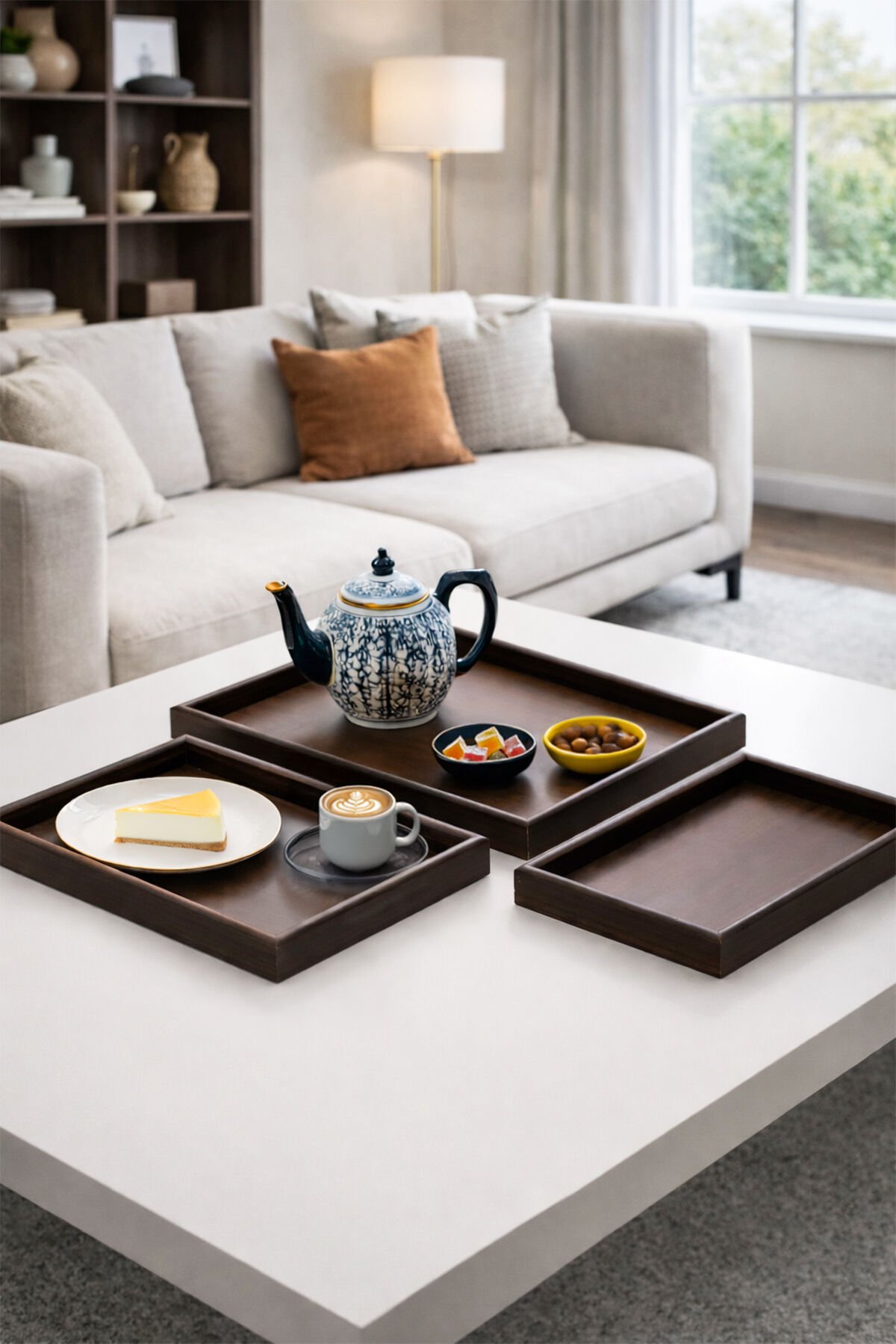 Porsima 130105044 Ahşap Tepsi 3lü Set Çay Kahve Bambu Sunumu Tepsi Seti