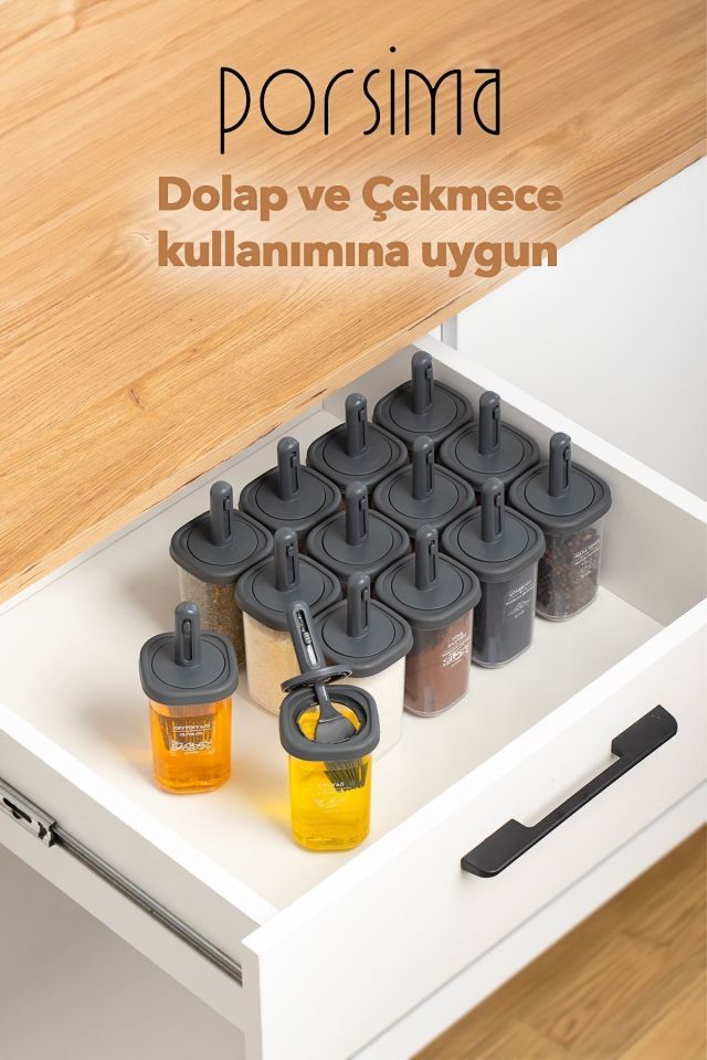Porsima 1104 14lü Kaydırmalı Kaşıklı Sızdırmaz Kapaklı Etiketli Yağdanlıklı Baharatlık Seti-saklama Kabı-Siyah