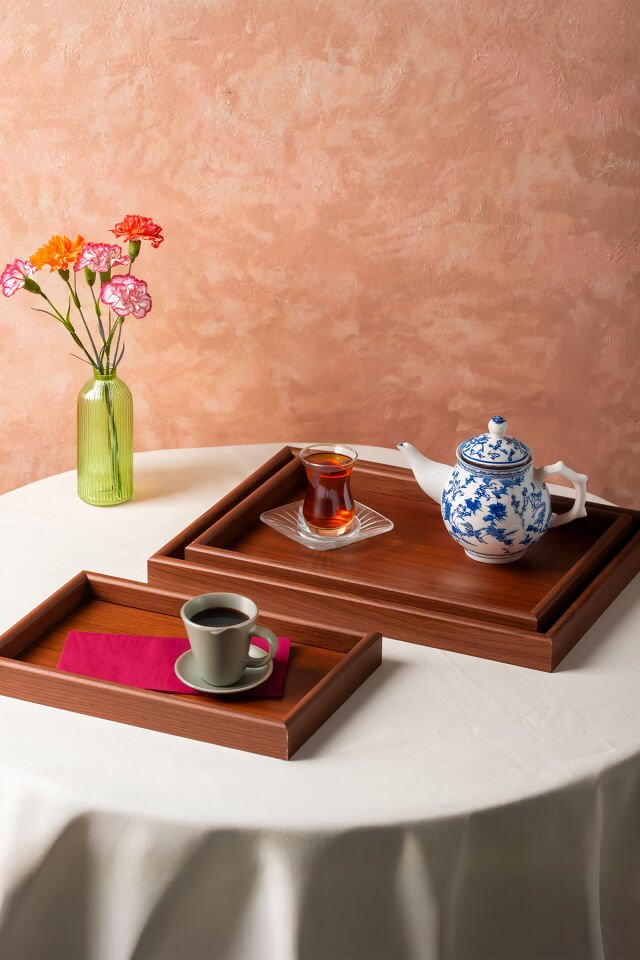 Porsima 130105045 Ahşap Tepsi 3lü Set Çay Kahve Bambu Sunumu Tepsi Seti