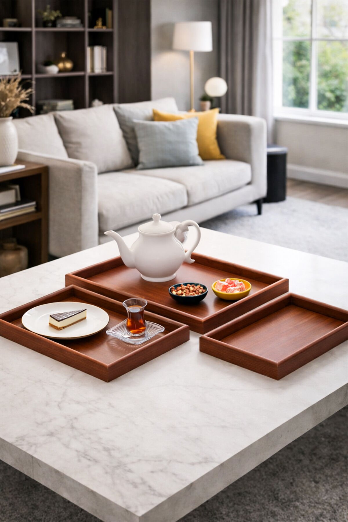 Porsima 130105045 Ahşap Tepsi 3lü Set Çay Kahve Bambu Sunumu Tepsi Seti