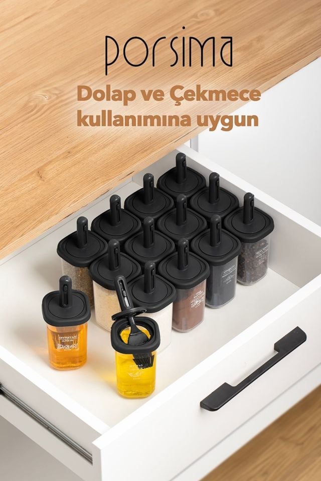 Porsima 1104 14lü Kaydırmalı Kaşıklı Sızdırmaz Kapaklı Etiketli Yağdanlıklı Baharatlık Seti-saklama Kabı-siyah