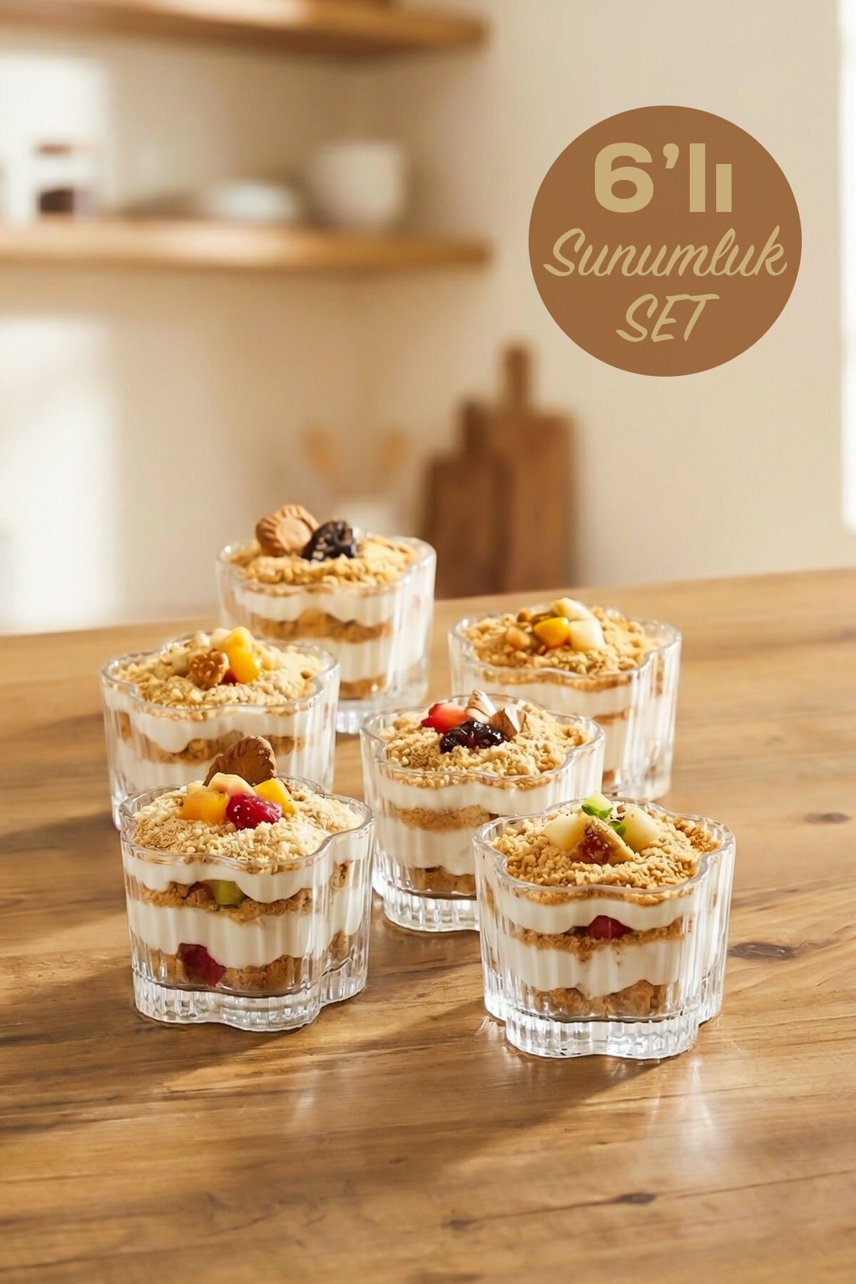 Porsima RYG7061 Flower 6lı Cam Kase Puding Tatlı Ve Dondurma Kasesi Kahvaltılık Kase Seti Çerez Kasesi 6x7,5Cm