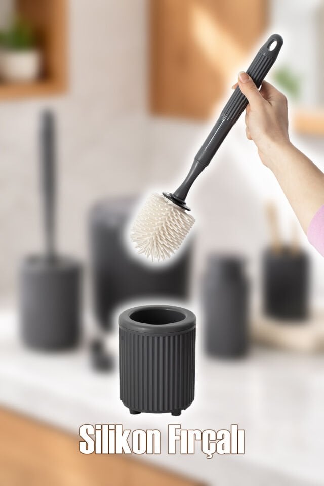 Porsima 3005 Goya Gri Yuvarlak 5 Parça Banyo Seti - Çöp Kovası, Sabunluk, Diş Fırçalığı ve Silikon Wc Fırçası