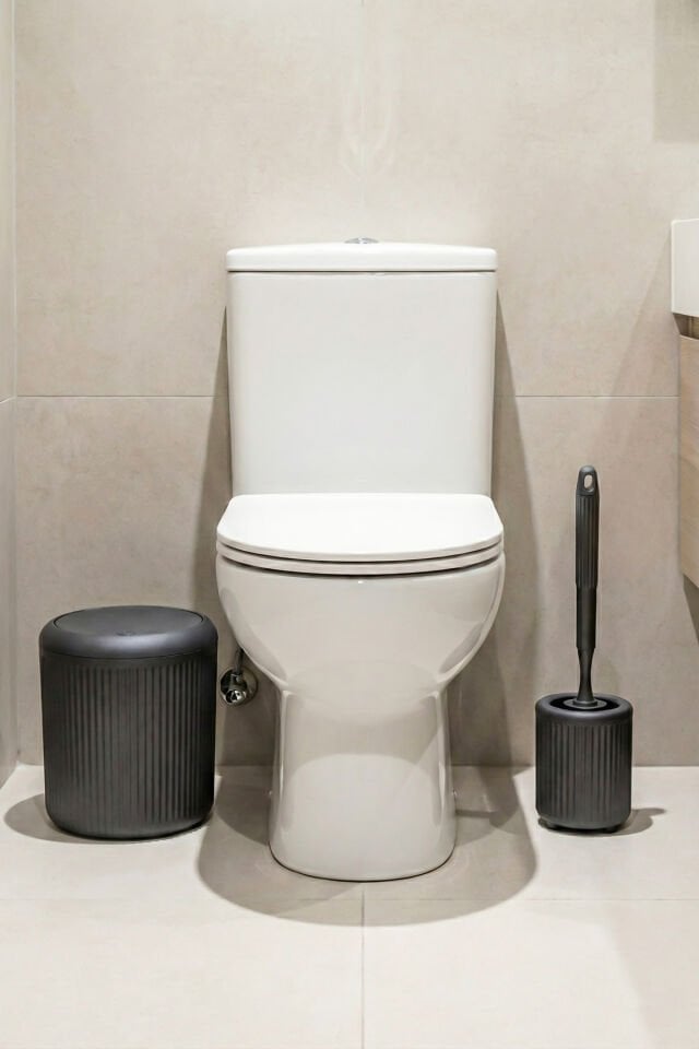 Porsima 3005 Goya Gri Yuvarlak 5 Parça Banyo Seti - Çöp Kovası, Sabunluk, Diş Fırçalığı ve Silikon Wc Fırçası