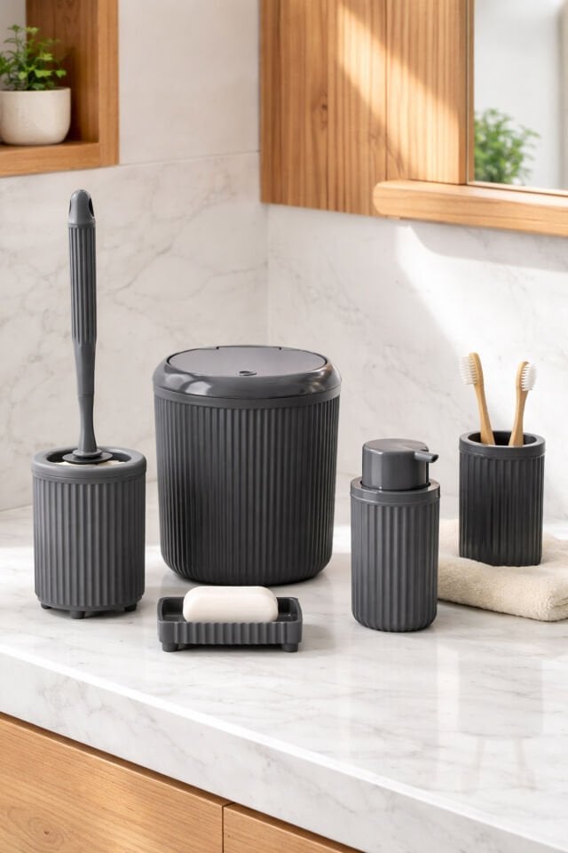Porsima 3005 Goya Gri Yuvarlak 5 Parça Banyo Seti - Çöp Kovası, Sabunluk, Diş Fırçalığı ve Silikon Wc Fırçası