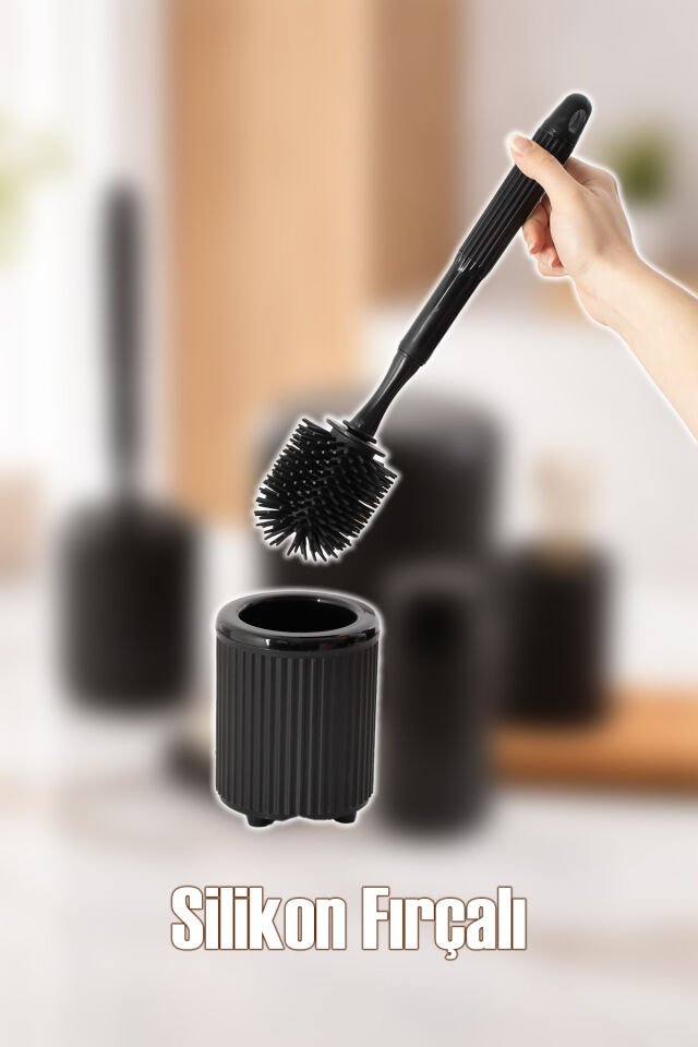 Porsima 3005-1 Goya Siyah Yuvarlak 5 Parça Banyo Seti - Çöp Kovası, Sabunluk, Diş Fırçalığı ve Silikon Wc Fırçası