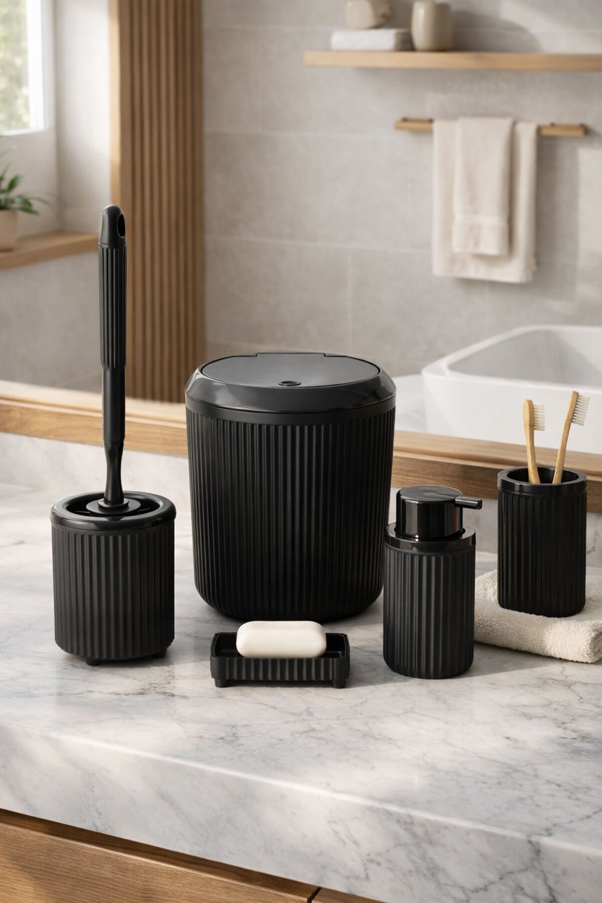Porsima 3005-1 Goya Siyah Yuvarlak 5 Parça Banyo Seti - Çöp Kovası, Sabunluk, Diş Fırçalığı ve Silikon Wc Fırçası