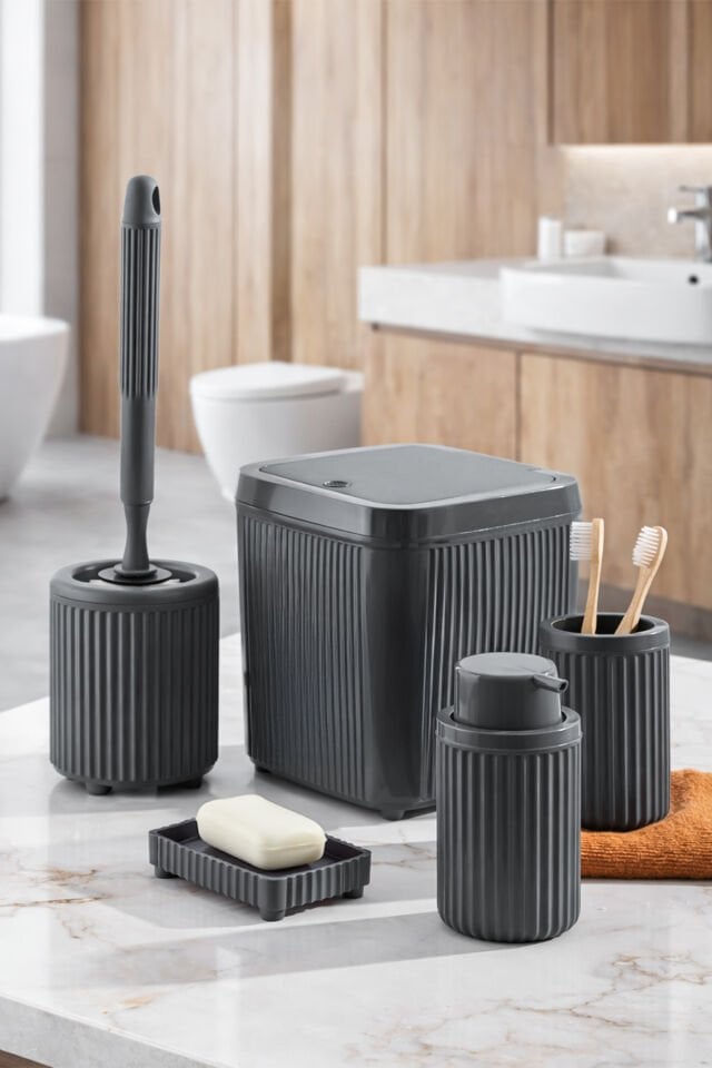 Porsima 3088 Glev Gri 5 Parça Banyo Seti - Çöp Kovası, Sabunluk, Diş Fırçalığı ve Silikon Wc Fırçası